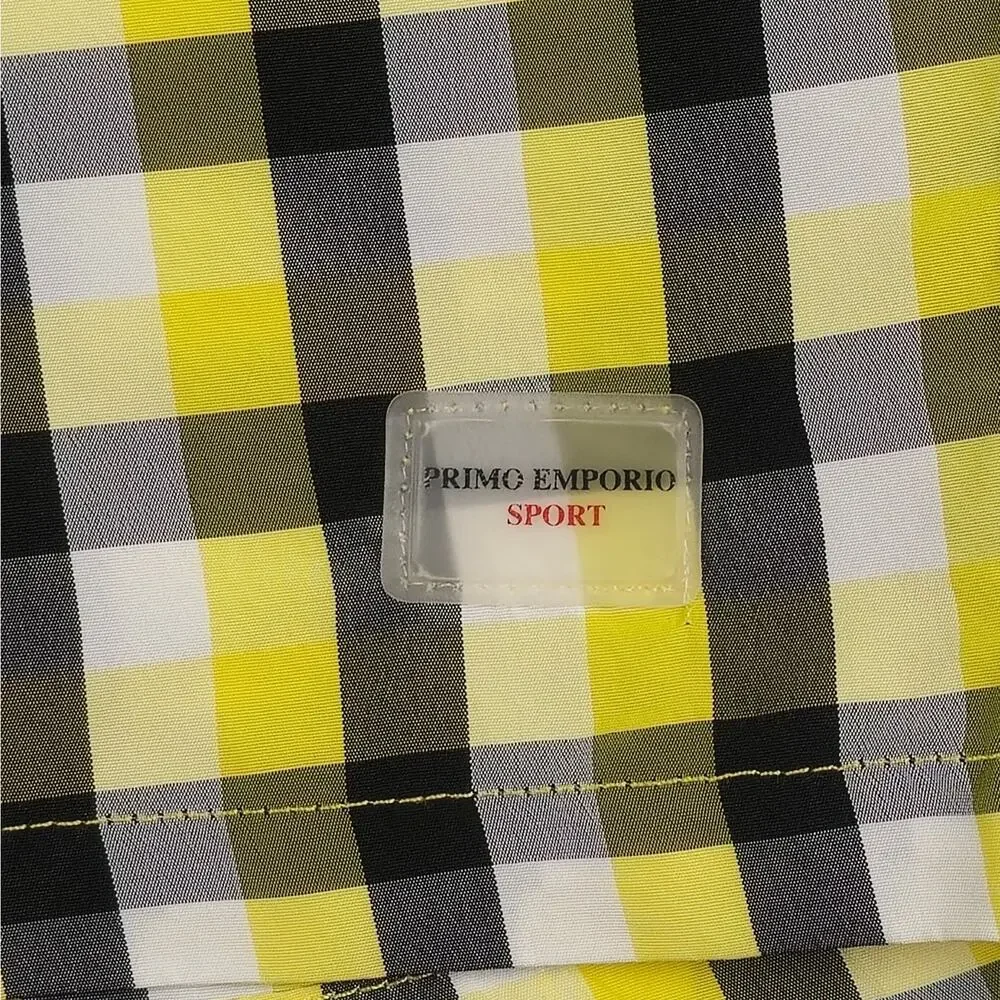 Primo Emporio Mens XL Yellow Black Plaid Swim Shorts Lined Pockets Drawstring